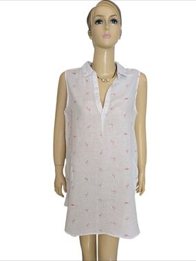 For Cynthia White Linen Tunic with Pink Flamingo Print